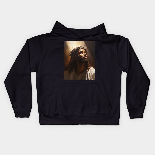 Jesus Christ in Light Wearing Crown of Thorns Kids Hoodie by AI Art Originals